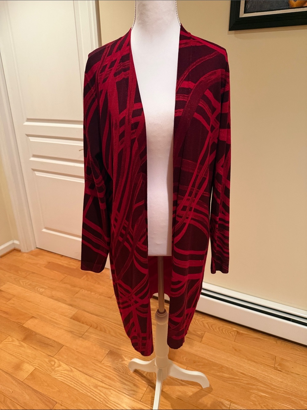 Women's Open Front Red Patterned Cardigan Sweater